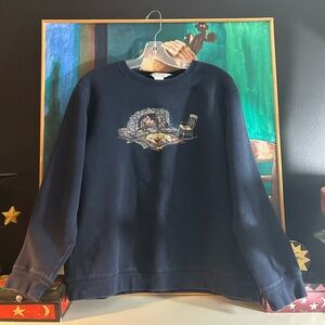 Northern Reflections Navy Graphic Crewneck Sweater Fireplace w Dog Large